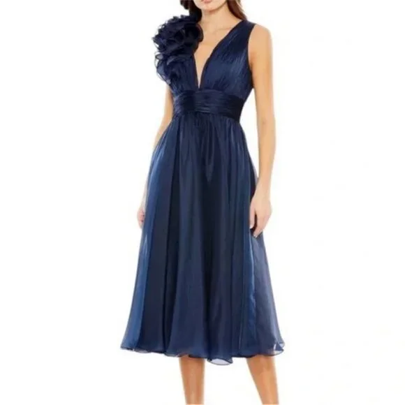 Mac Duggal Midnight Blue Empire Rosette Midi Dress